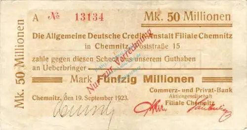 Chemnitz , Banknote 50 Millionen Mark Scheck gbr. Bühn 580.12 , Sachsen 1923 Inflation