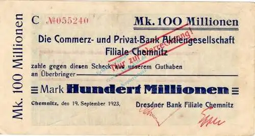 Chemnitz , Banknote 100 Millionen Mark Scheck gbr. Bühn 584.41 , Sachsen 1923 Inflation