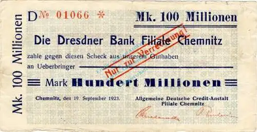 Chemnitz , Banknote 100 Millionen Mark Scheck gbr. Bühn 573.44 , Sachsen 1923 Inflation