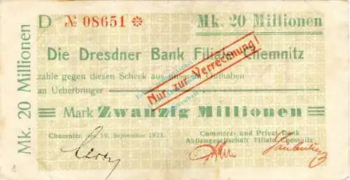 Chemnitz , Banknote 20 Millionen Mark Scheck gbr. Bühn 580.95 , Sachsen 1923 Inflation