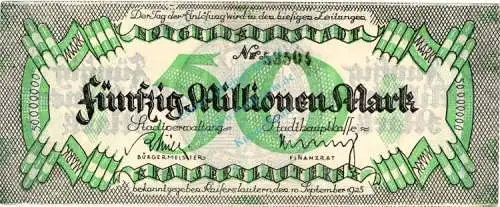 Kaiserslautern , Banknote 50 Millionen Mark Schein F-kfr. Keller 2541.f , Pfalz 1923 Inflation