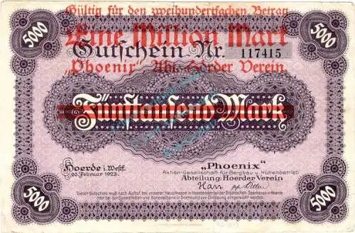 Hörde , Banknote 1 Million Mark gbr. Müller 2135.W2 , Westfalen 1922 Inflation