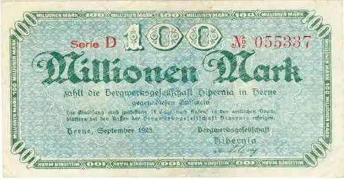 Herne , Banknote 100 Millionen Mark Schein gbr. Keller 2343.h , Westfalen 1923 Inflation