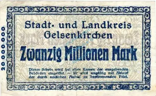 Gelsenkirchen , Banknote 20 Millionen Mark Schein gbr. Keller 1710.s , Westfalen 1923 Inflation