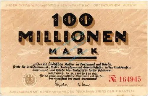 Dortmund , Banknote 100 Millionen Mark Schein gbr. Keller 1061.k , Westfalen 1923 Inflation