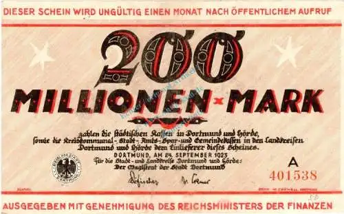 Dortmund , Banknote 200 Millionen Mark Schein gbr. Keller 1061.m , Westfalen 1923 Inflation