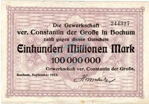 Bochum , Banknote 100 Millionen Mark Schein gbr. Keller 483.h , Westfalen 1923 Inflation