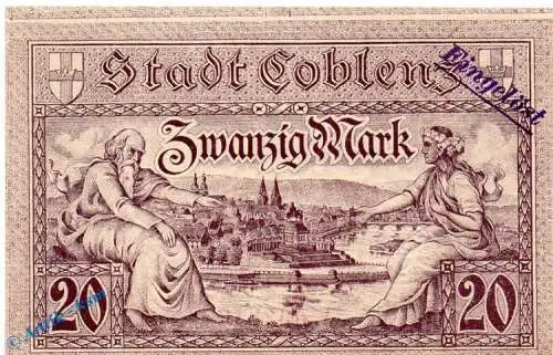 Notgeld Stadt Coblenz , 20 Mark Schein in kfr. E , Geiger 082.03 , Rheinland Großnotgeld