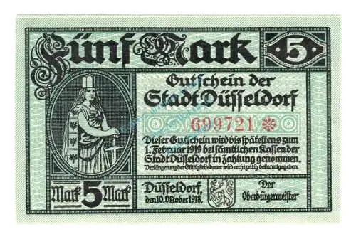 Düsseldorf , Banknote 5 Mark Schein unc-kfr. Geiger 114.31.a , Rheinland 1918 Grossnotgeld