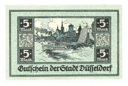 Düsseldorf , Banknote 5 Mark Schein unc-kfr. Geiger 114.31.a , Rheinland 1918 Grossnotgeld