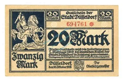Düsseldorf , Banknote 20 Mark Schein unc-kfr. Geiger 114.32.a , Rheinland 1918 Grossnotgeld