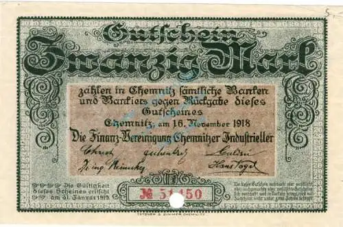 Chemnitz , Banknote 20 Mark Schein in kfr.E , Geiger 079.04.a-b , Sachsen 1918 Großnotgeld