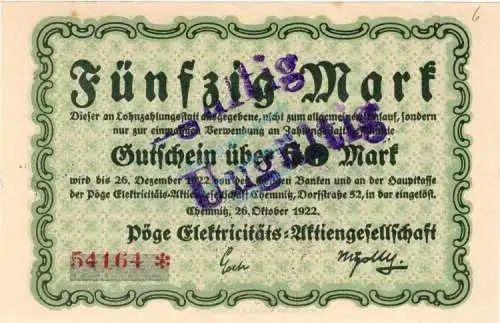 Chemnitz , Banknote 50 Mark Schein unc-kfr.E Müller 785.9 , Sachsen 1922 Inflation 1922-23