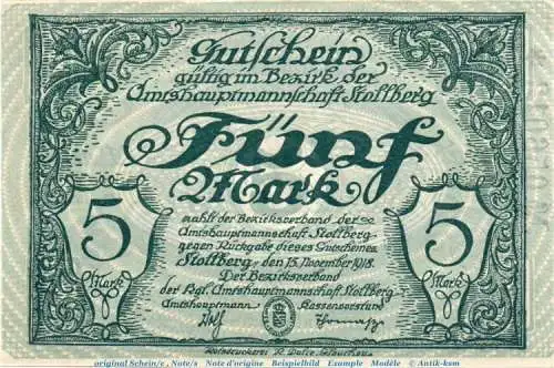 Banknote Amtshauptmannschaft Stollberg , 5 Mark in kfr. Geiger 511.01.b  von 1918 , Sachsen Großnotgeld