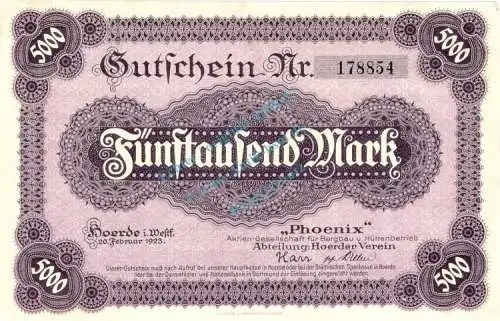 Hörde , Banknote 5.000 Mark Schein unc-kfr. Topp 484.3 , Westfalen 1922 Inflation