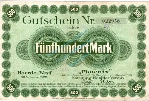 Hörde , Banknote 500 Mark -verlängert- gbr. Müller 2135.2 , Westfalen 1922 Inflation