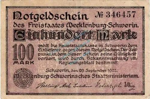 Schwerin , Banknote 100 Mark Schein gbr. Müller 4210.1 , Mecklenburg 1923 Inflation
