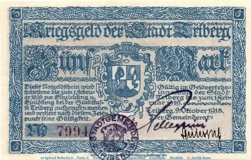 Banknote Stadt Triberg , 5 Mark Schein in kfr.E Geiger 522.01 von 1918 , Baden Großnotgeld