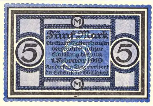 Waltershausen , Notgeld 5 Mark Schein in unc-kfr. Geiger 538.1 , Sachsen 1918 Grossnotgeld