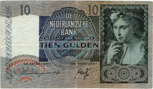 Banknote Niederlande , 10 Gulden Schein 1940-42 -Junge Frau re- gbr. P.56Banknote Niederlande , 10 Gulden Schein 1940-42 -Junge Frau re- gbr. P.56