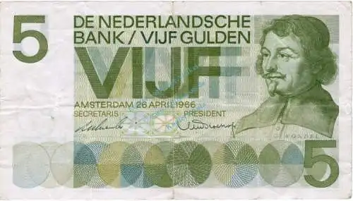 Banknote Niederlande , 5 Gulden Schein 1966 -Joost van den Vondel- gbr. P.90