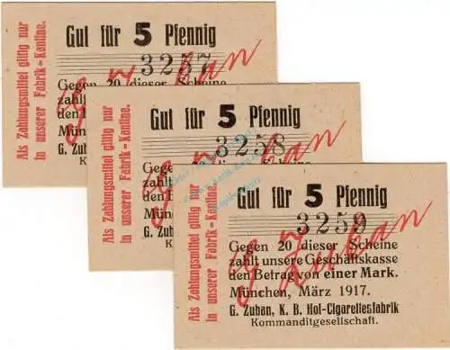 München , Notgeld 3 x 5 Pfennig -fortlaufende KN- unc-kfr. Ti.4680.2065.05 , München 1917 Verkehrsausgabe