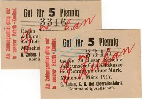 München , Notgeld 2 x 5 Pfennig -fortlaufende KN- unc-kfr. Ti.4680.2065.05 , München 1917 Verkehrsausgabe