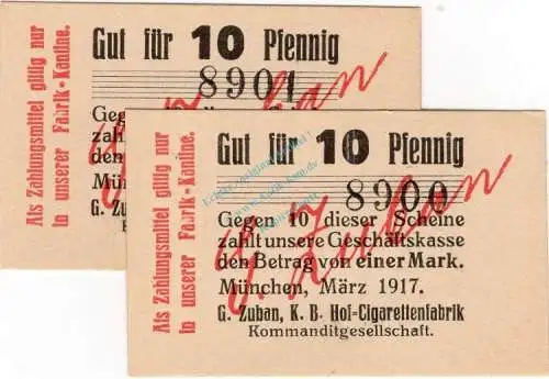München , Notgeld 2 x 10 Pfennig -fortlaufende KN- unc-kfr. Ti.4680.2065.06 , München 1917 Verkehrsausgabe