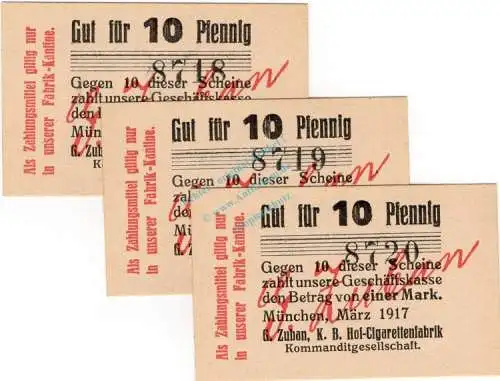 München , Notgeld 3 x 10 Pfennig -fortlaufende KN- unc-kfr. Ti.4680.2065.06 , München 1917 Verkehrsausgabe