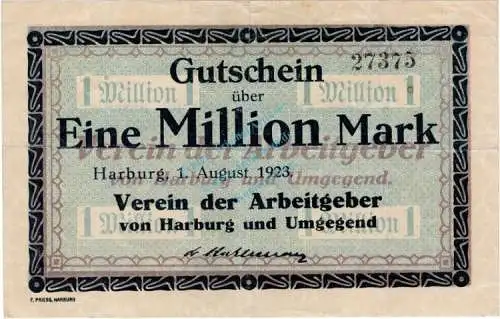 Banknote Verein der Arbeitgeber Harburg , 1 Million Mark Schein in gbr. Keller 2213.a von 1923 Hamburg Großnotgeld Inflation