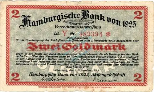 Hamburg , Banknote 2 Goldmark Schein gbr-. Müller 2365.12 , Hamburg 1923 Wertbeständig