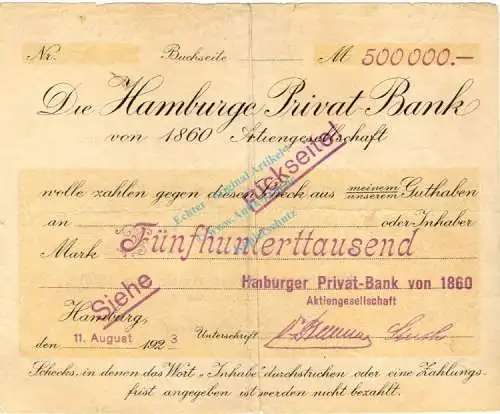 Hamburg , Banknote 500.000 Mark Schein gbr. Keller 2120.a , Hamburg 1923 Inflation