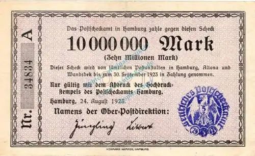 Hamburg , Banknote 10 Millionen Mark Schein L-gbr. Keller 2130.a , Hamburg 1923 Inflation