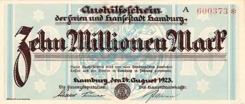 Hamburg , Banknote 10 Millionen Mark Schein unc-kfr. Keller 2109.g , Hamburg 1923 Inflation