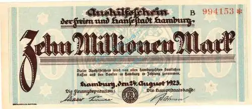 Hamburg , Banknote 10 Millionen Mark Schein unc-kfr. Keller 2109.h , Hamburg 1923 Inflation