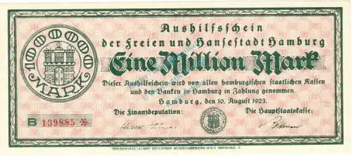 Hamburg , Banknote 1 Million Mark Schein unc-kfr. Keller 2109.b , Hamburg 1923 Inflation
