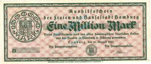 Hamburg , Banknote 1 Million Mark -Muster- unc-kfr. Keller 2109.b , Hamburg 1923 Inflation