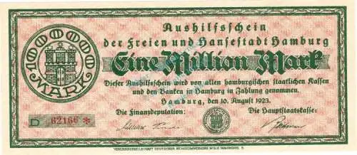 Hamburg , Banknote 1 Million Mark Schein unc-kfr. Keller 2109.c , Hamburg 1923 Inflation