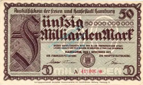 Hamburg , Notgeld 50 Milliarden Mark Schein in gbr. Keller 2209.v , Hamburg 1923 Inflation