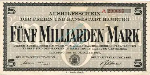 Hamburg , Notgeld 5 Milliarden Mark gbr. Keller 2209.p , Hamburg 1923 Inflation