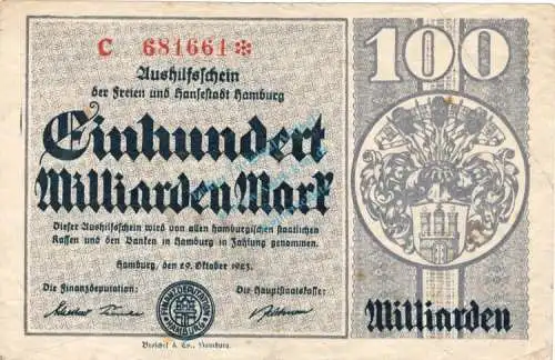 Hamburg , Banknote 100 Milliarden Mark Schein gbr. Keller 2109.t , Hamburg 1923 Inflation