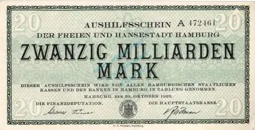 Hamburg , Banknote 20 Milliarden Mark Schein unc-kfr. Keller 2109.u , Hamburg 1923 Inflation