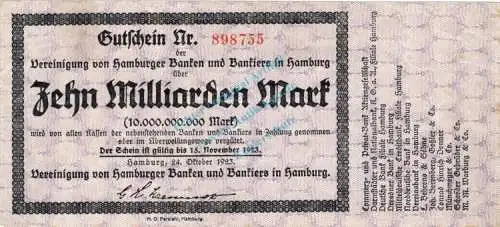 Hamburg , Banknote 10 Milliarden Mark Schein gbr. Keller 2137.g , Hamburg 1923 Inflation