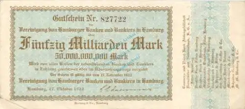 Hamburg , Banknote 50 Milliarden Mark Schein L-gbr. Keller 2137.L , Hamburg 1923 Inflation