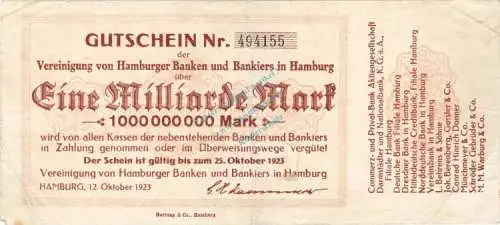 Hamburg , Banknote 1 Milliarde Mark Schein gbr. Keller 2137.c , Hamburg 1923 Inflation