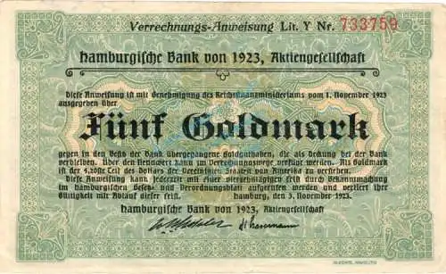 Hamburg , Banknote 5 Gold Mark Schein gbr. Müller 2365.13 , Hamburg 1923 Wertbeständig