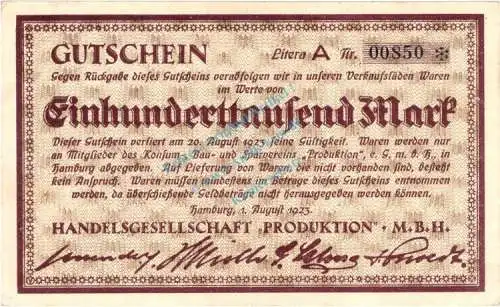 Hamburg , Banknote 100.000 Mark Schein L-gbr. Keller 2124.a , Hamburg 1923 Inflation