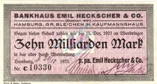 Hamburg , Banknote 10 Milliarden Mark Scheck F-kfr. Keller 2126.a , Hamburg 1923 Inflation
