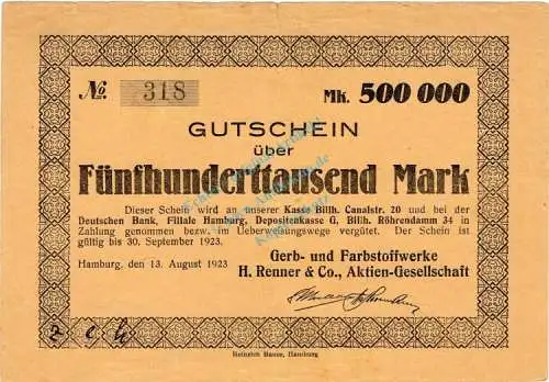 Hamburg , Banknote 500.000 Mark Schein gbr. Keller 2117.a , Hamburg 1923 Inflation