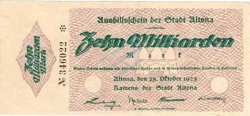Altona , Banknote 10 Milliarden Mark Schein F-kfr. Keller 79.h , Schleswig 1923 Inflation
